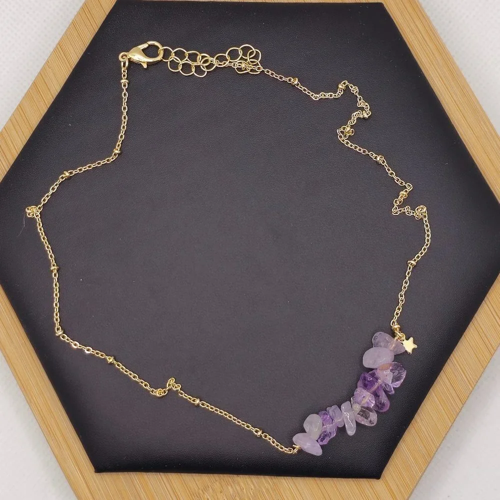 Natural Purple Stone‎ Chips Birthstone Necklace (February, NWOT)